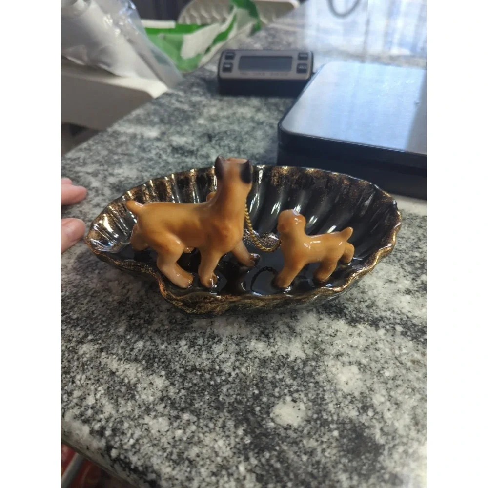 Vintage Mid Century Ashtray Boxer Dog & Puppies German Boxer MCM Japan